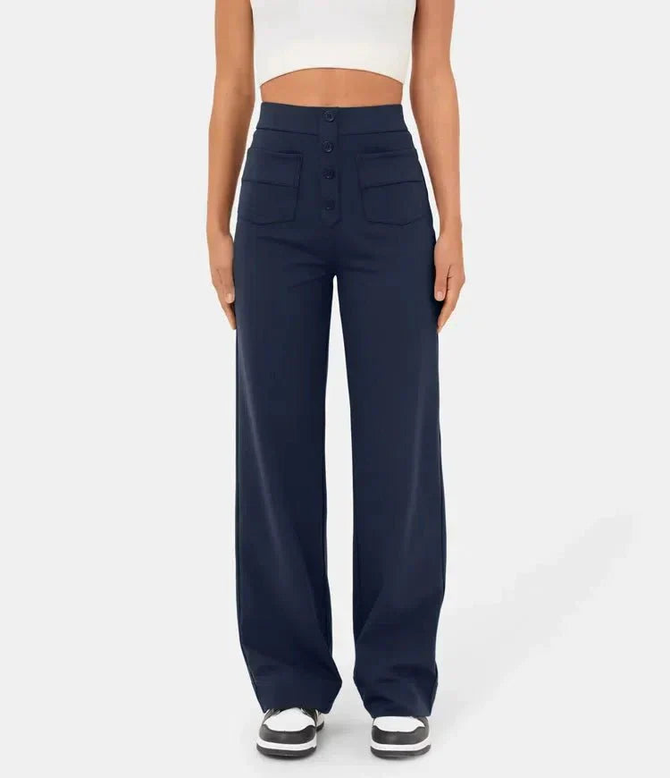 Aimee | High Waist Relaxed Leg Trousers with Button Detail - Image 12