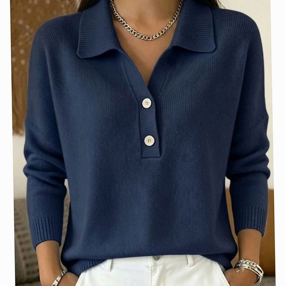 Women's Collared Button-Placket Knit Pullover Sweater
