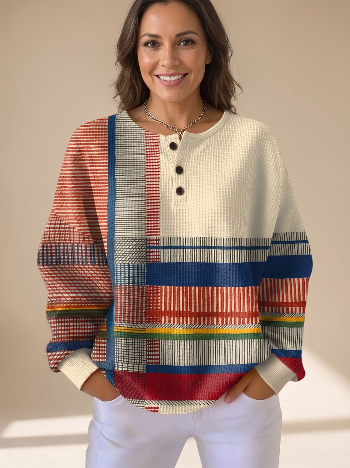 Women's Colorblock Waffle-Knit Long-Sleeve Henley Sweater