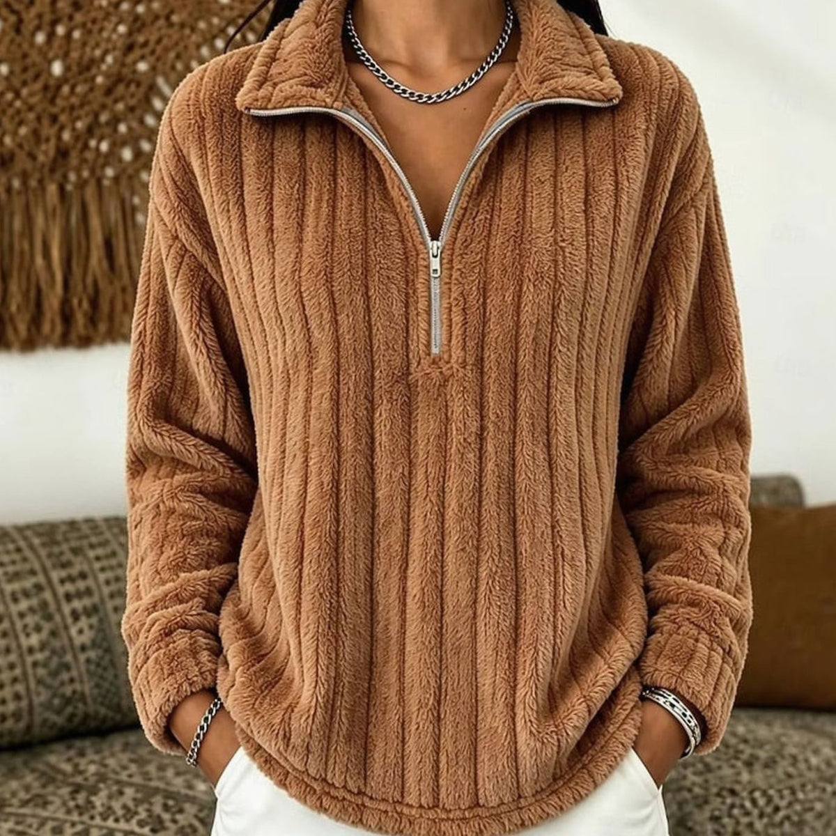 Women's Ribbed Plush Fleece Quarter-Zip Pullover Sweater