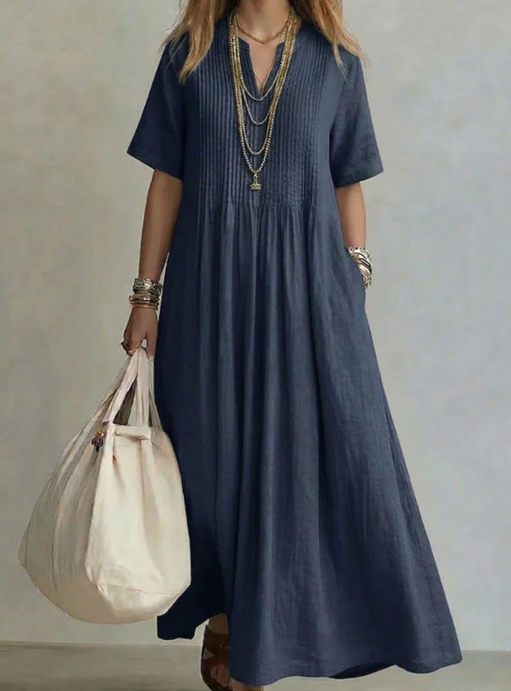 Women's V-Neck Pintuck Pleated Flowy Maxi Dress