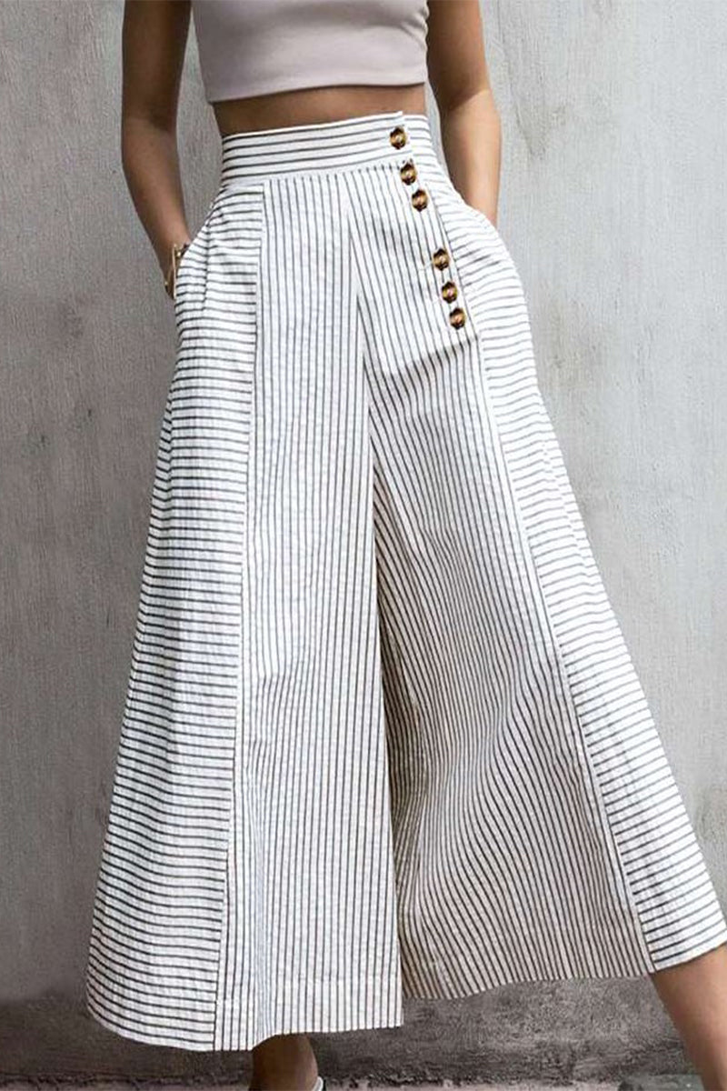 Rebecca | High Waist Lightweight Cotton Blend Striped Leg Trousers with Pockets - Image 1
