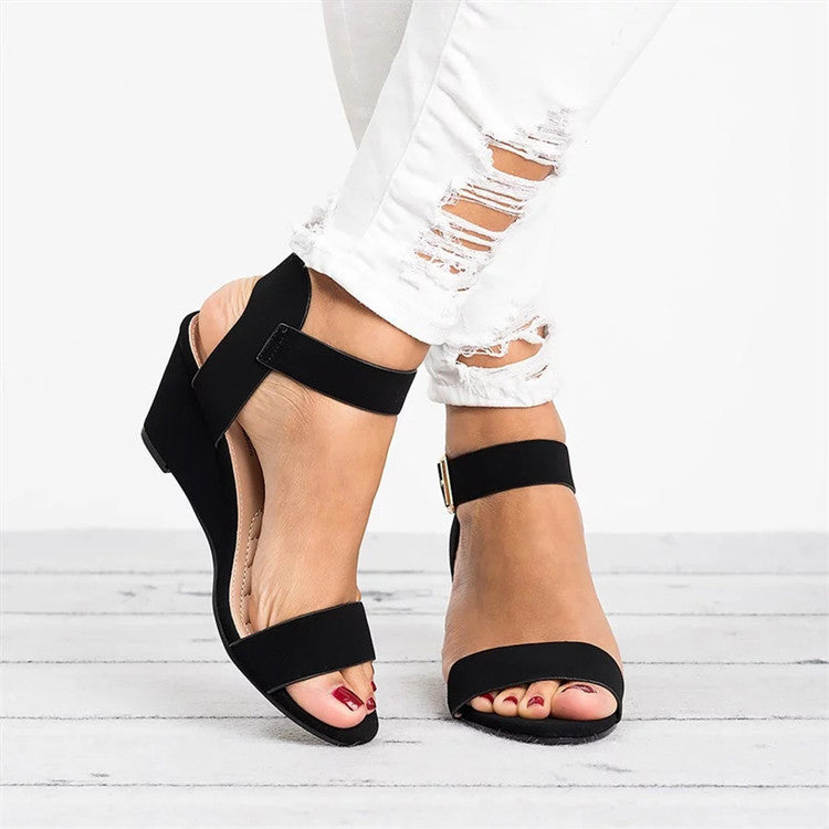 Rochelle | Women's Casual Wedge Sandals - Faux Leather - Open Toe - Ankle Strap - Image 1