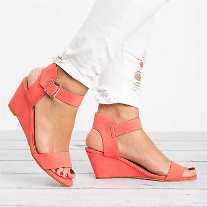 Rochelle | Women's Casual Wedge Sandals - Faux Leather - Open Toe - Ankle Strap - Image 3