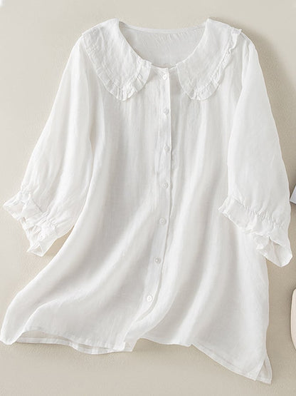 Lillian | Women's Stylish Cotton Linen Loose Ruffled Neck Shirt - Image 2