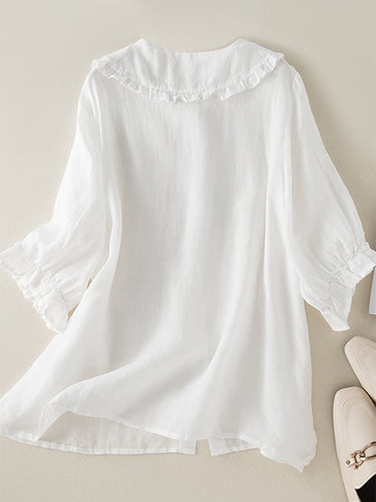 Lillian | Women's Stylish Cotton Linen Loose Ruffled Neck Shirt - Image 3