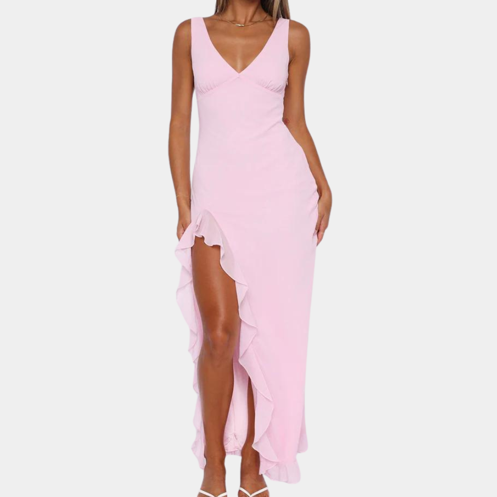 Paige | Elegant Sleeveless V-Neck Maxi Dress with Asymmetrical Slit - Image 4
