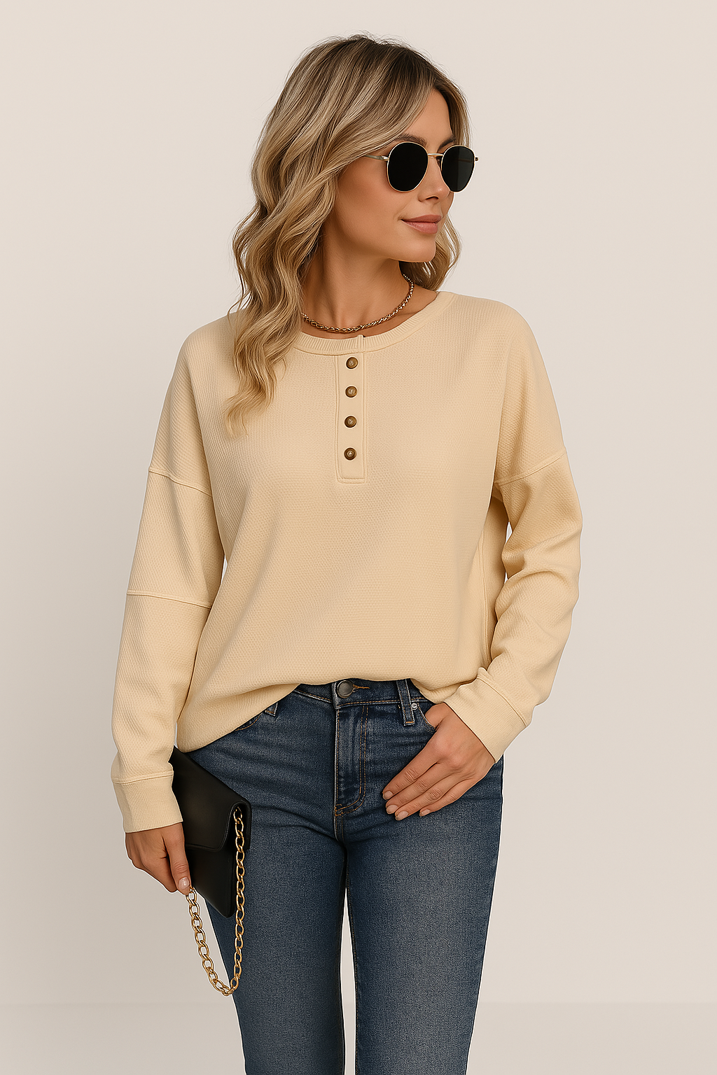 Winnie | Women's Button-Down Waffle Knit Long Sleeve Top - Image 1