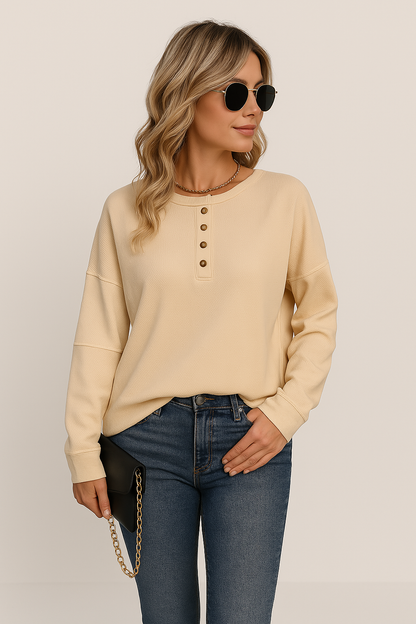 Winnie | Women's Button-Down Waffle Knit Long Sleeve Top - Image 1
