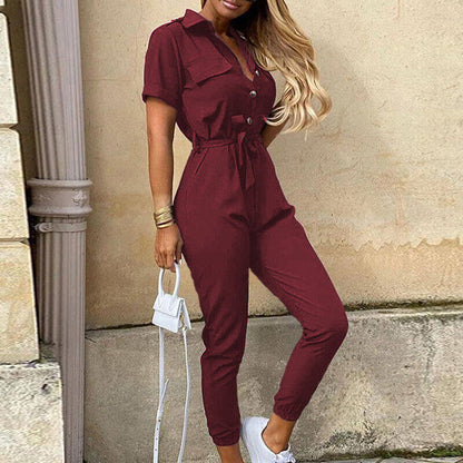 Reese | Lightweight Structured Fit Short Sleeve Jumpsuit With Button Closure - Image 2