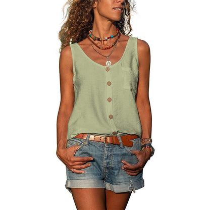 Alma hansen | Sleeveless V-Neck Button Blouse - Casual Summer Style - Image 1