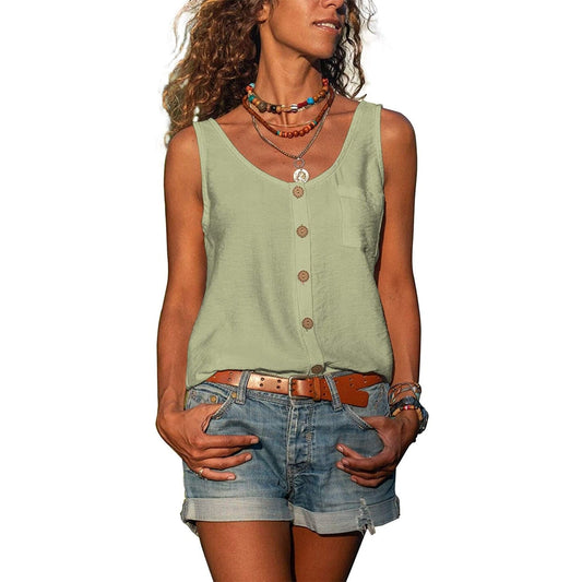 Alma hansen | Sleeveless V-Neck Button Blouse - Casual Summer Style - Image 1