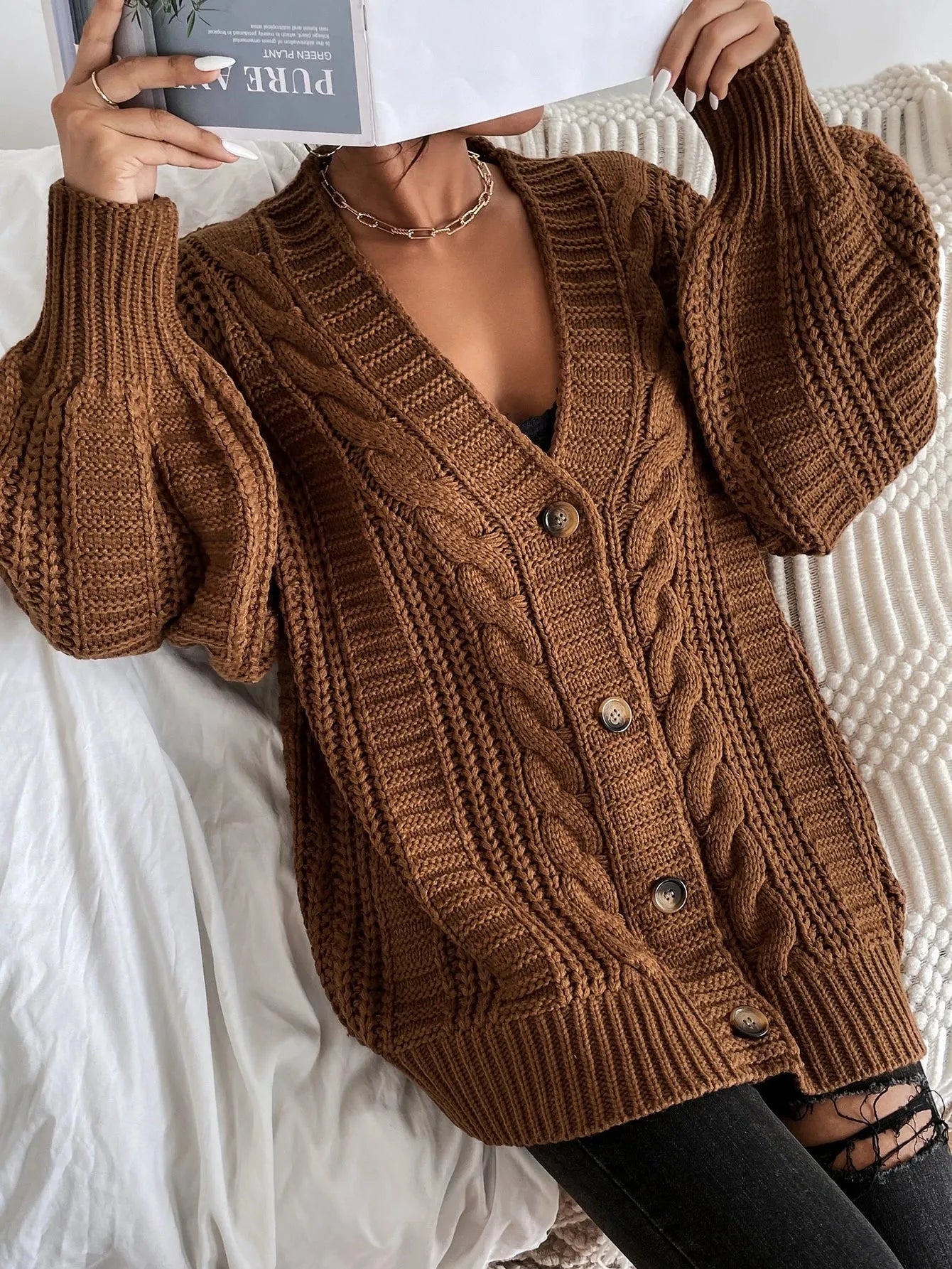 Jean | Women's Oversized Cable Knit Cardigan - Image 3