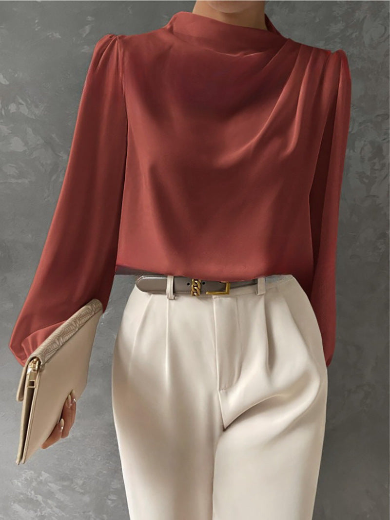 Couture-moda | Women’s Elegant Satin Blouse – Relaxed Fit – High Neck Long Sleeve Top - Image 5