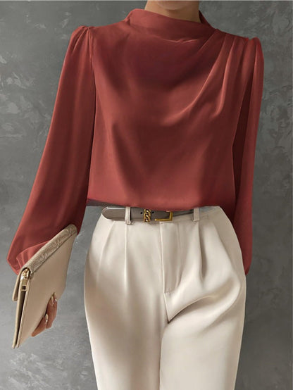 Couture-moda | Women’s Elegant Satin Blouse – Relaxed Fit – High Neck Long Sleeve Top - Image 5