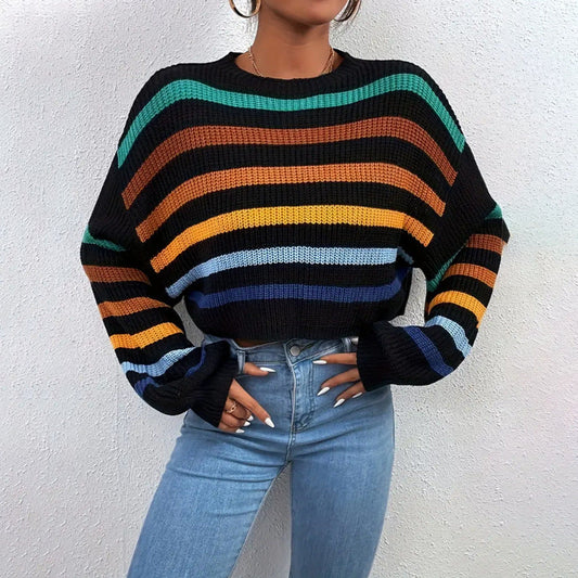 Amber | Women's Cropped Striped Sweater - Image 1