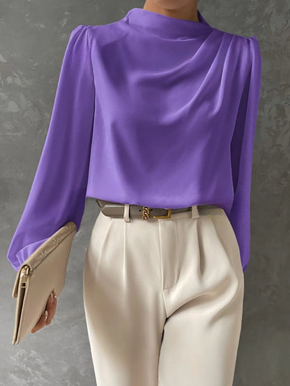 Couture-moda | Women’s Elegant Satin Blouse – Relaxed Fit – High Neck Long Sleeve Top - Image 6