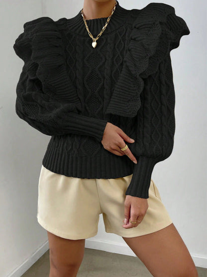 Kylie | Women's Ruffle Cable Knit Long Sleeve Sweater - Image 4