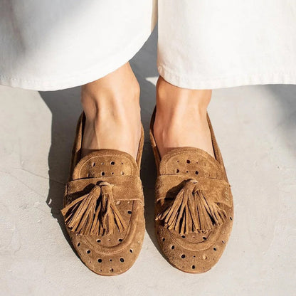 Sally | Perforated Suede Loafers with Tassel Detail - Image 1