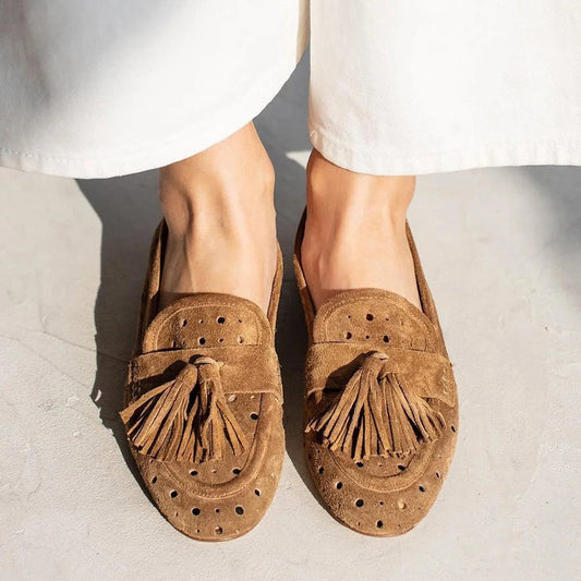 Sally | Perforated Suede Loafers with Tassel Detail - Image 1
