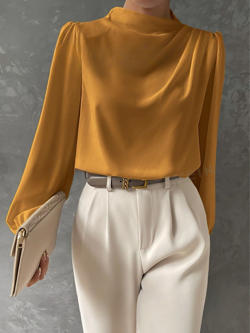 Couture-moda | Women’s Elegant Satin Blouse – Relaxed Fit – High Neck Long Sleeve Top - Image 2