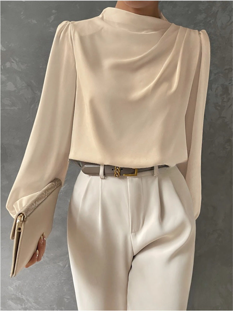 Couture-moda | Women’s Elegant Satin Blouse – Relaxed Fit – High Neck Long Sleeve Top - Image 1