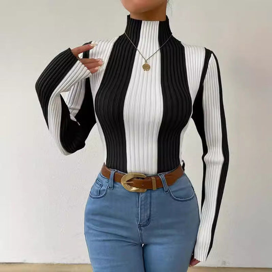 Julia | Women's Striped Mock Neck Long Sleeve Sweater - Image 1