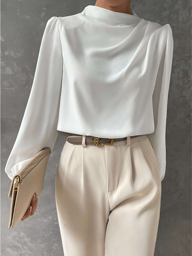 Couture-moda | Women’s Elegant Satin Blouse – Relaxed Fit – High Neck Long Sleeve Top - Image 4