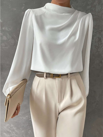 Couture-moda | Women’s Elegant Satin Blouse – Relaxed Fit – High Neck Long Sleeve Top - Image 4