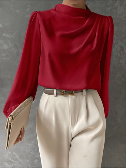 Couture-moda | Women’s Elegant Satin Blouse – Relaxed Fit – High Neck Long Sleeve Top - Image 3