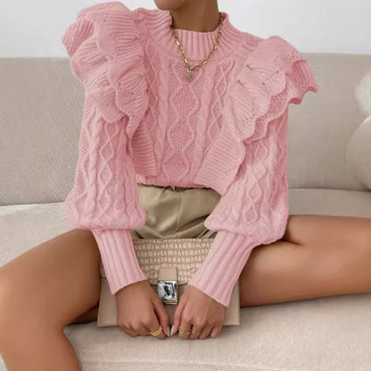 Kylie | Women's Ruffle Cable Knit Long Sleeve Sweater - Image 3