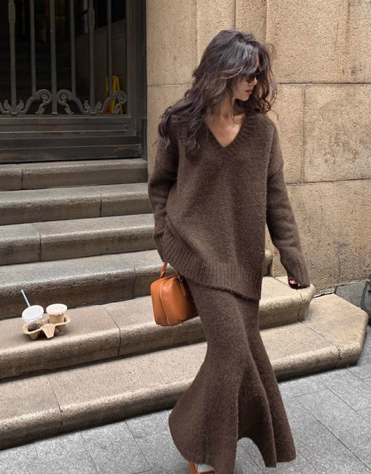Morgan | Women's V-Neck Knit Sweater and Flare Midi Skirt Set - Image 1