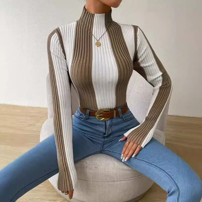 Julia | Women's Striped Mock Neck Long Sleeve Sweater - Image 2