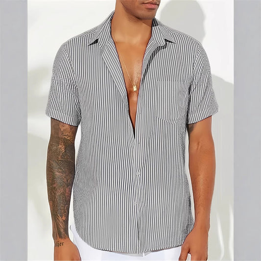Couture-moda | Men’s Casual Shirt – Breathable Cotton Blend – Relaxed Fit – Short Sleeve – Vertical Stripes - Image 1