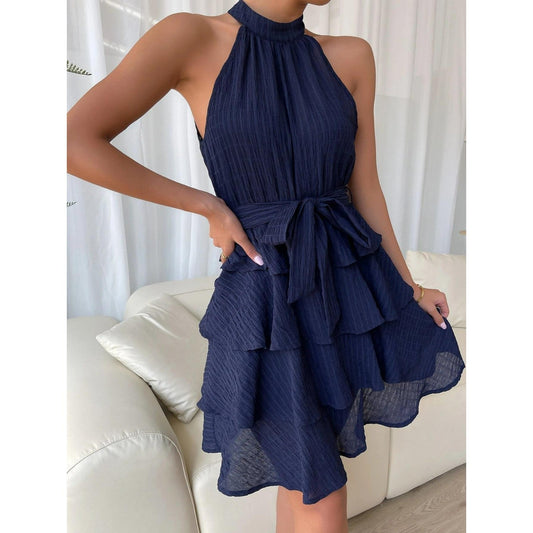Daniela | Boho short dress with flounces - backless, halterneck & waist belt for summer & festival - Image 1