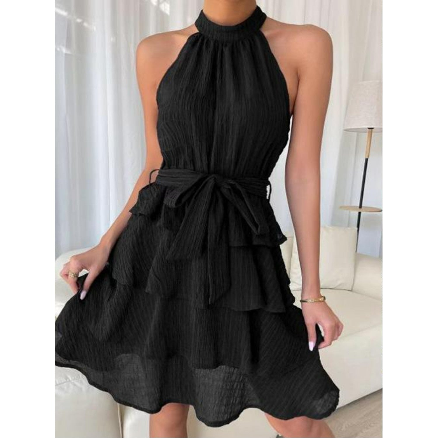 Daniela | Boho short dress with flounces - backless, halterneck & waist belt for summer & festival - Image 4