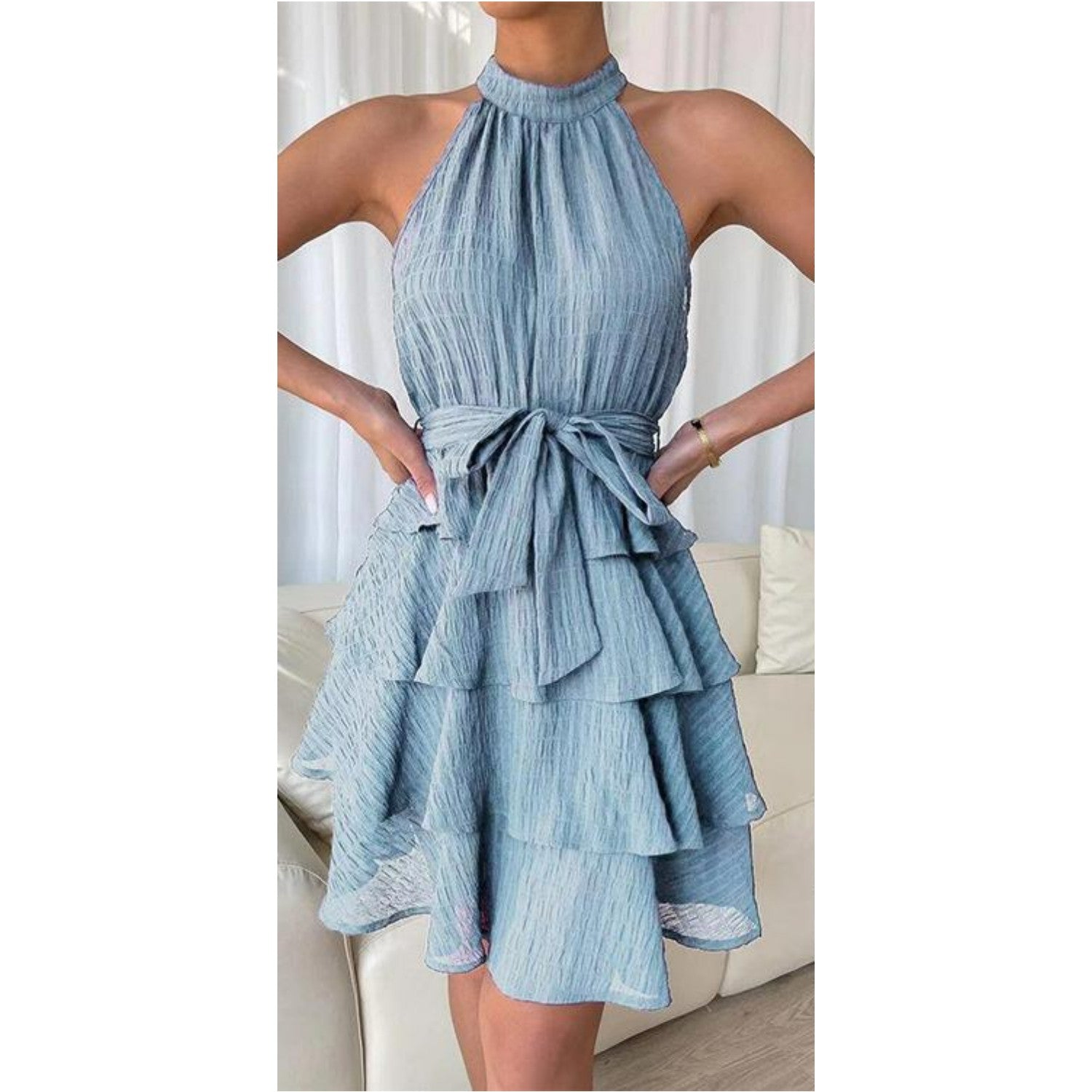 Daniela | Boho short dress with flounces - backless, halterneck & waist belt for summer & festival - Image 6