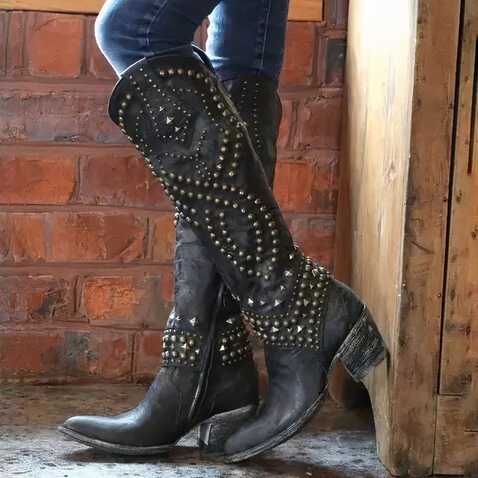 Cheri | Edgy High Boots – Distressed Leather – Rivet Detail – Thick Heel – Side Zipper - Image 1