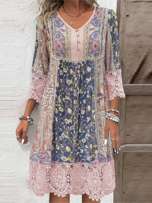Jane | Floral Midi Dress with Lace and V-Neck - Image 1