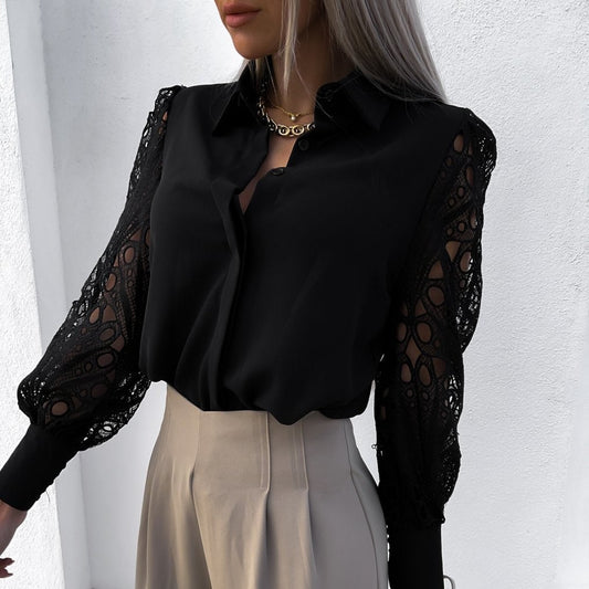 Rita | Elegant Black Blouse with Lace Sleeves - Image 1