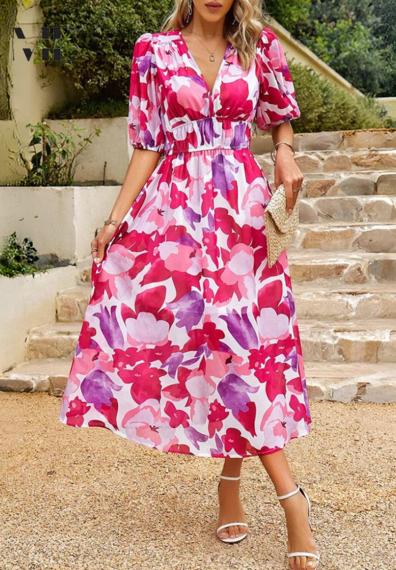 Roxanne | Elegant Floral Midi Dress with Puff Sleeves - Image 13
