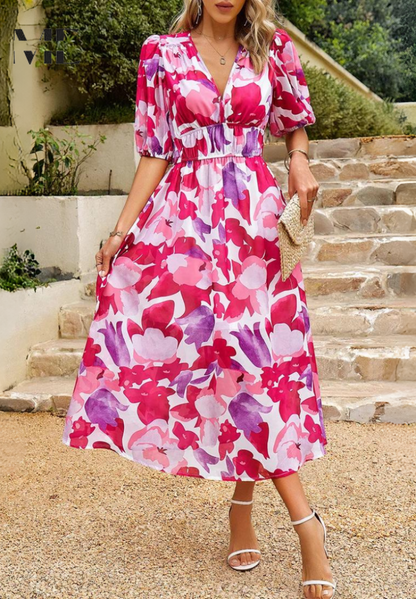 Roxanne | Elegant Floral Midi Dress with Puff Sleeves - Image 13