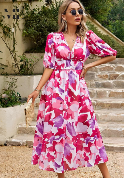Roxanne | Elegant Floral Midi Dress with Puff Sleeves - Image 17