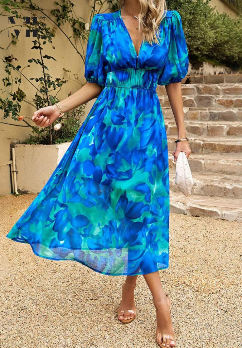 Roxanne | Elegant Floral Midi Dress with Puff Sleeves - Image 8