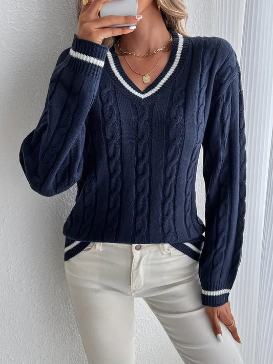 Alison | Women's V-Neck Cable Knit Sweater - Image 1