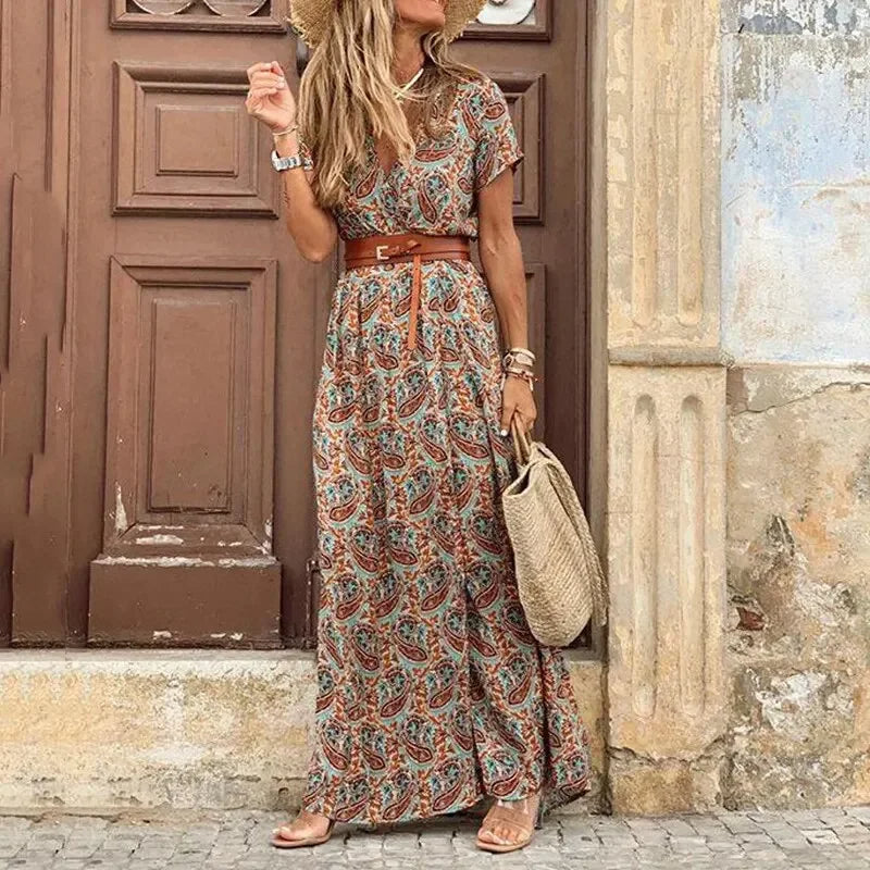 Image of Connie | Women's V-Neck Belted Maxi Dress