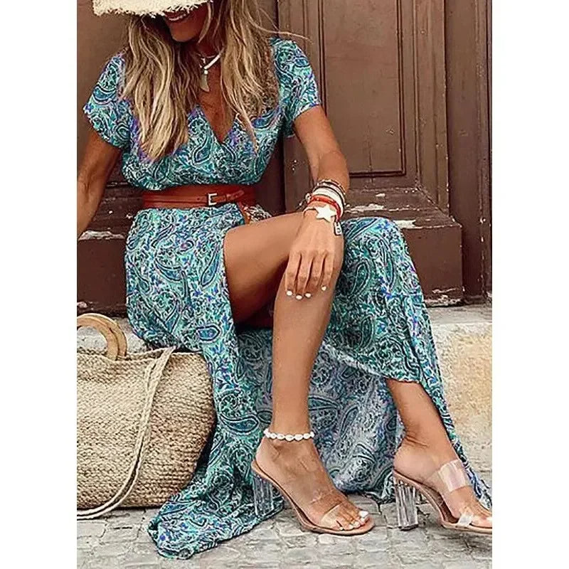 Image of Connie | Women's V-Neck Belted Maxi Dress