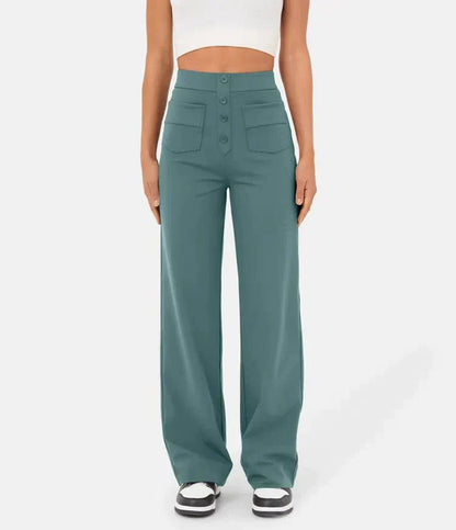 Aimee | High Waist Relaxed Leg Trousers with Button Detail - Image 1