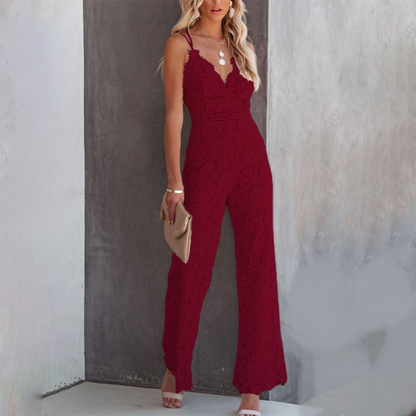 Image of Jennifer | Women's Lace V-Neck Wide Leg Jumpsuit