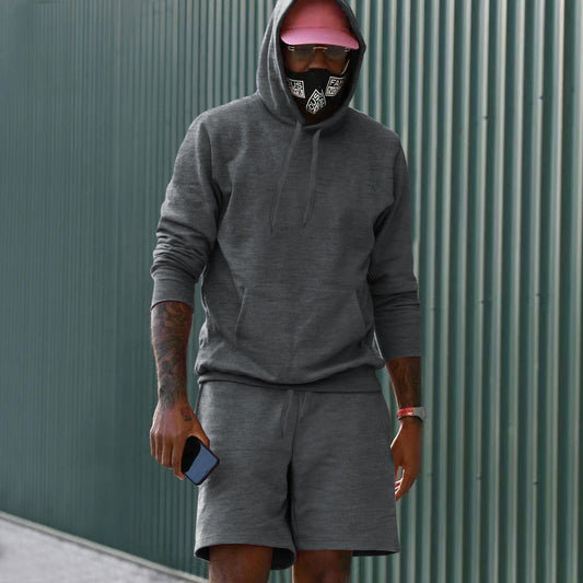 Men's 2-Piece French Terry Loungewear Set Hoodie and Sweat Shorts with Kangaroo Pocket and Drawstring